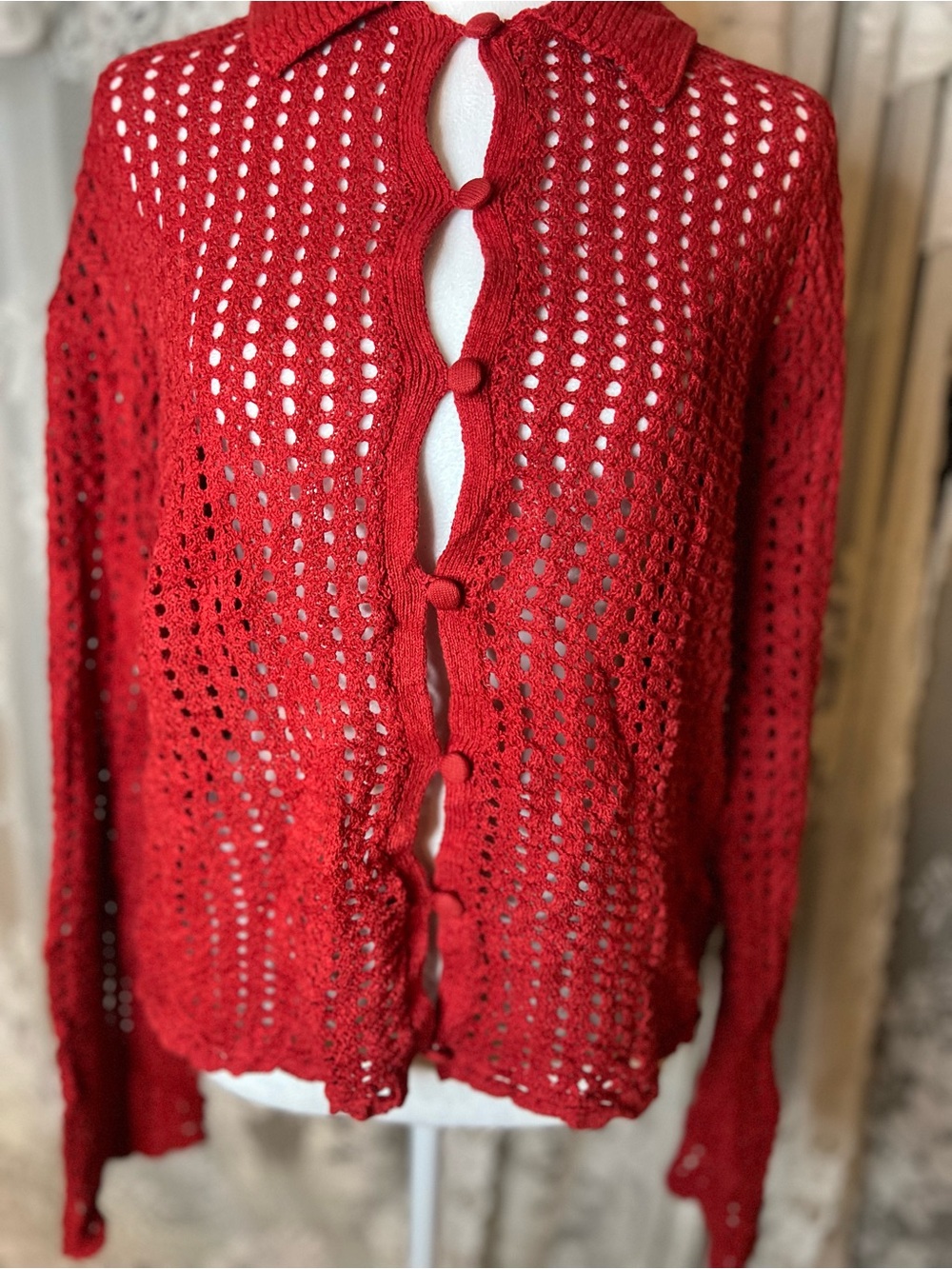 rag & bone Red Openwork Button-Front Cardigan Oversized - Picture 3 of 11